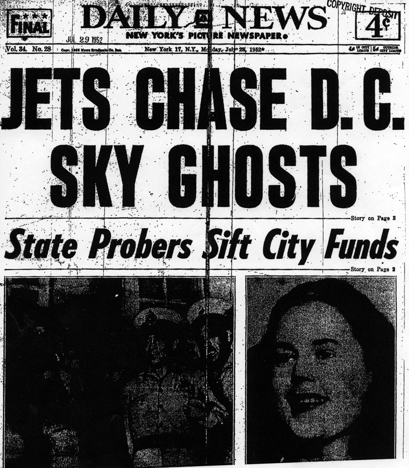 poster - Final Copyright Depos Daily News 4 J29 2 New York'S Picture Newspaper. Vol. 34 No. 28 New York 17, N.T. Mday, Jets Chase D.C. Sky Ghosts Story on Page 8 State Probers Sift City Funds Story on Page 1